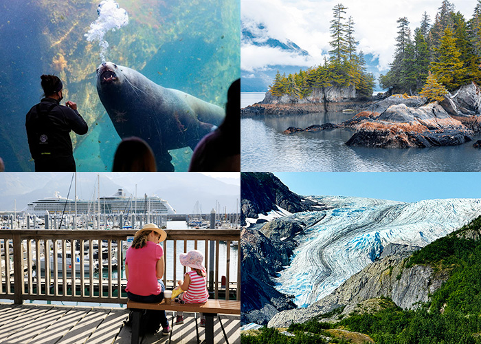 Clockwise from top left: Sealife Center, Beachcombing the rocky coastline, Hike to Exit Glacier & Enjoying a snack at the Seward Small Boat Harbor.