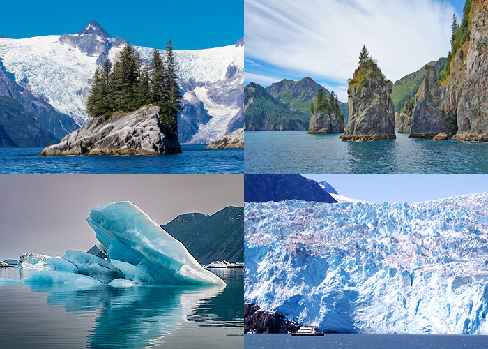 Harding Ice Field feeding rivers of ice to the sea, Three Sisters Coastline, Massive Northwestern Glacier & freshly calved Icebergs.